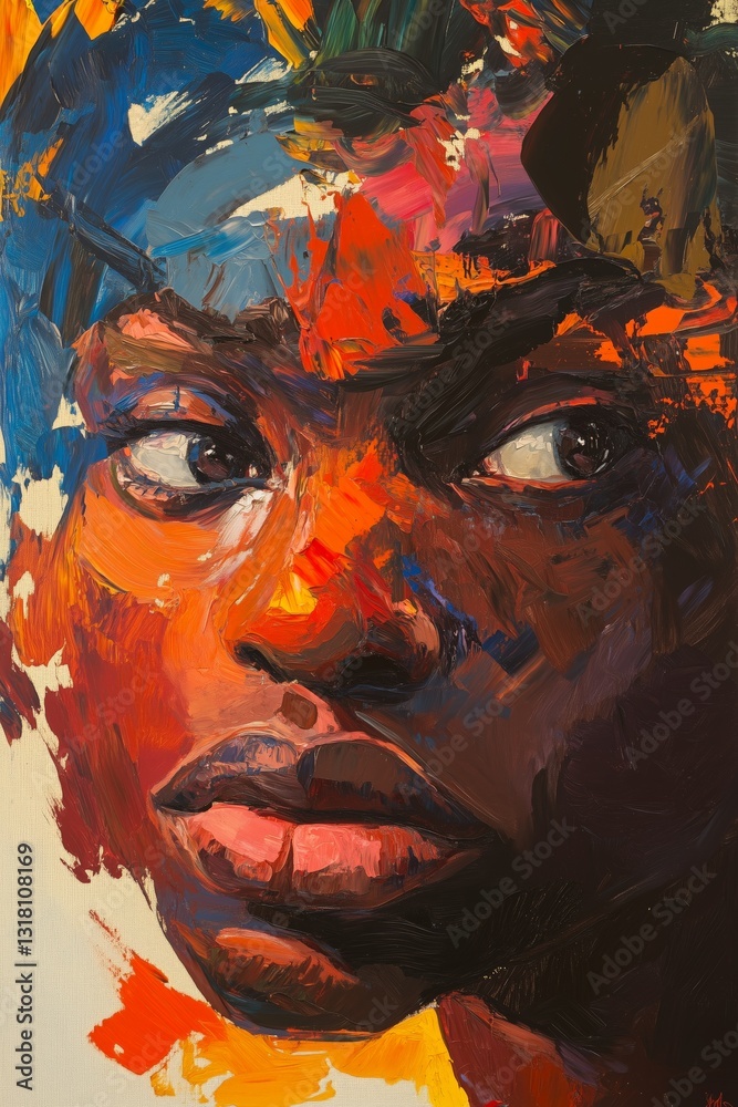 Black and Dark Academia style artwork and Oil Painting, home decor for moody and dark theme a painting of a womans face with bright colors