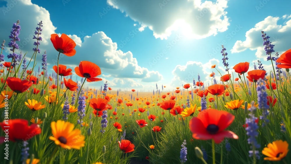 Naklejka premium Wildflower Meadow Under a Bright Sunny Sky with Puffy Clouds – A Perfect Natural Escape