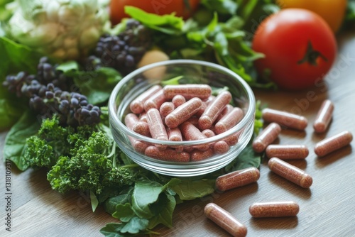 Natural Health Supplements Surrounded by Fresh Vegetables and Greens in a Bright Kitchen Setting