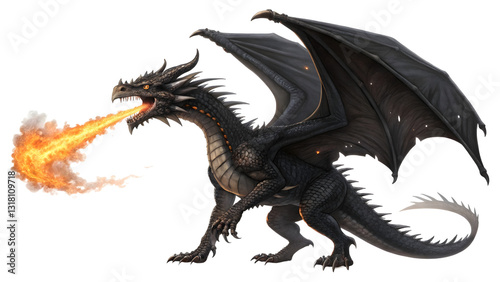 black dragon spitting fire isolated on white or transparent background, png