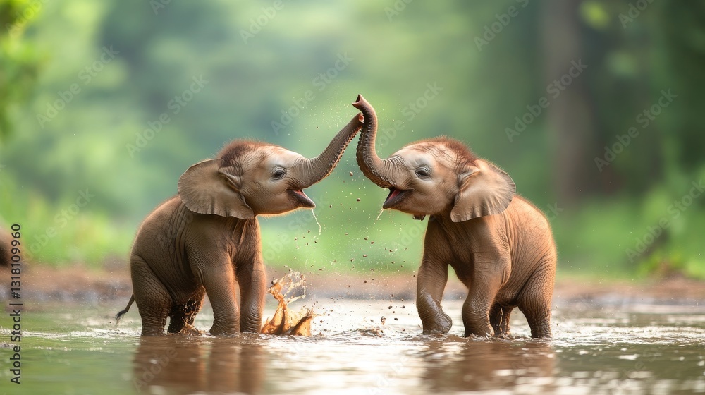 Fototapeta premium Two playful baby elephants interacting in a shallow pool