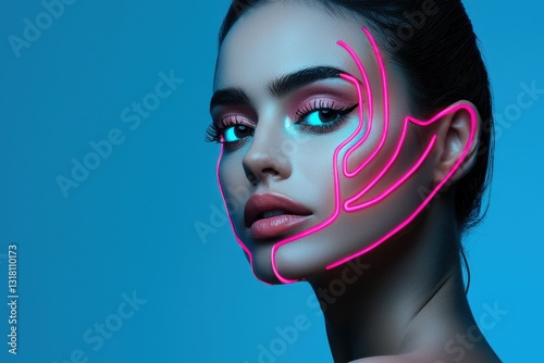 Close-up portrait with neon pink lines, vibrant blue eyeshadow, soft pink lips, artistic and futuristic aesthetic