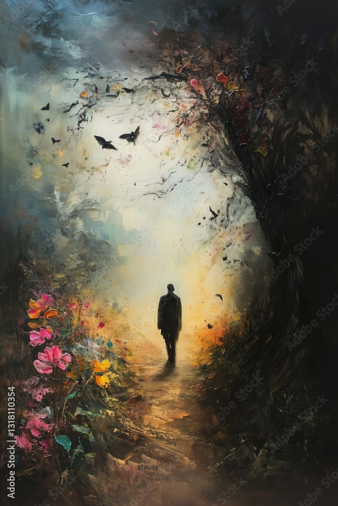 Black and Dark Academia style artwork and Oil Painting, home decor for moody and dark theme a painting of a man walking down a path with flowers