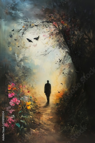 Obraz na płótnie Black and Dark Academia style artwork and Oil Painting, home decor for moody and dark theme a painting of a man walking down a path with flowers w salonie