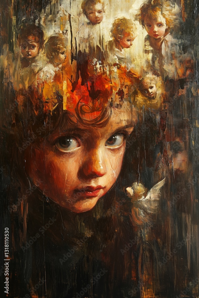 Black and Dark Academia style artwork and Oil Painting, home decor for moody and dark theme a painting of a girl with a crown on her head