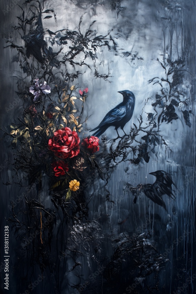 Black and Dark Academia style artwork and Oil Painting, home decor for moody and dark theme a painting of a bird sitting on a bouquet of flowers