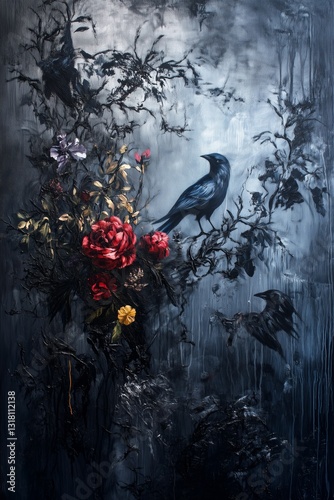 Obraz na płótnie Black and Dark Academia style artwork and Oil Painting, home decor for moody and dark theme a painting of a bird sitting on a bouquet of flowers w salonie