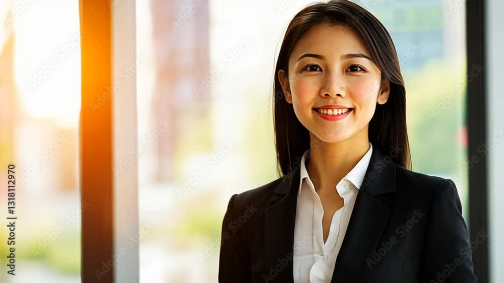 Confident Asian businesswoman smiles in modern office, showcasing professional success