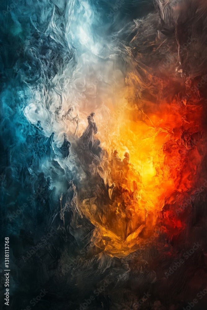 Black and Dark Academia style artwork and Oil Painting, home decor for moody and dark theme a colorful abstract painting with smoke and light