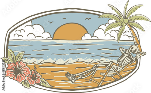 illustration beach skull island surfing vector outline