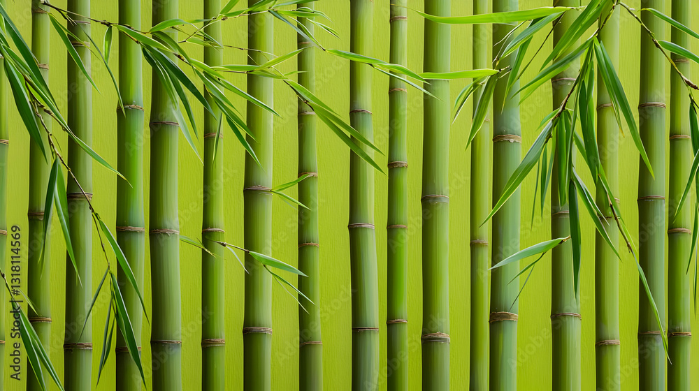 Fototapeta premium Vertical Green Bamboo Stems With Leaves Against Lime Green Background Showing Natural Texture and Repeating Pattern