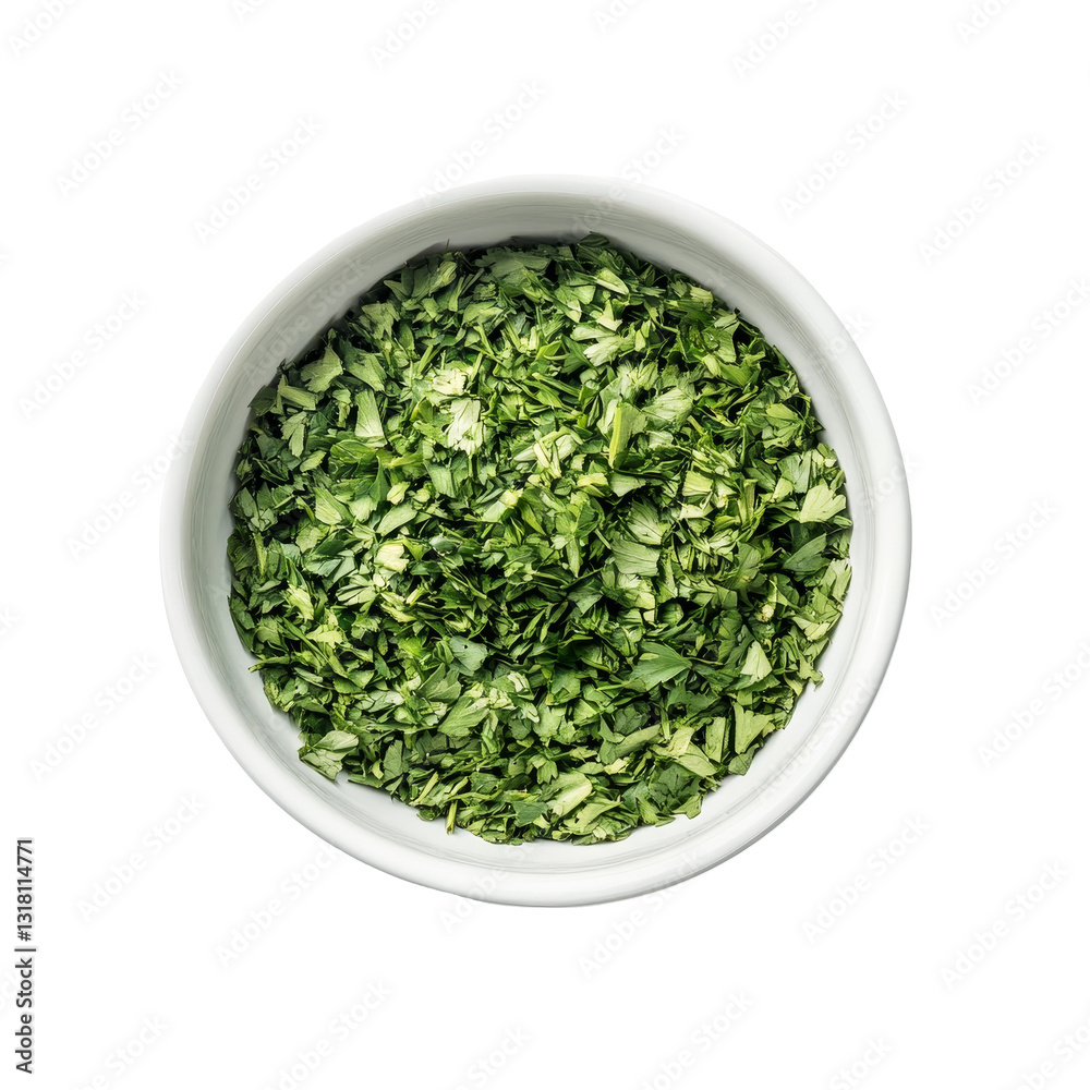 Dried parsley displayed in a transparent bowl on a backdrop, showcasing its rich green color and texture, Dried parsley in a transparent bowl on transparent background Dried parsley displayed in a transparent bowl on a backdrop, showcasing its rich green color and texture, Dried parsley in a transparent bowl on transparent background