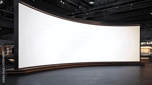 Fototapeta Naklejka Na Ścianę i Meble -  Large curved blank white screen for advertising display in modern exhibition hall with dark walls and ceiling. Bright lighting highlights the curved display stand and creates sharp contrast, enhancing