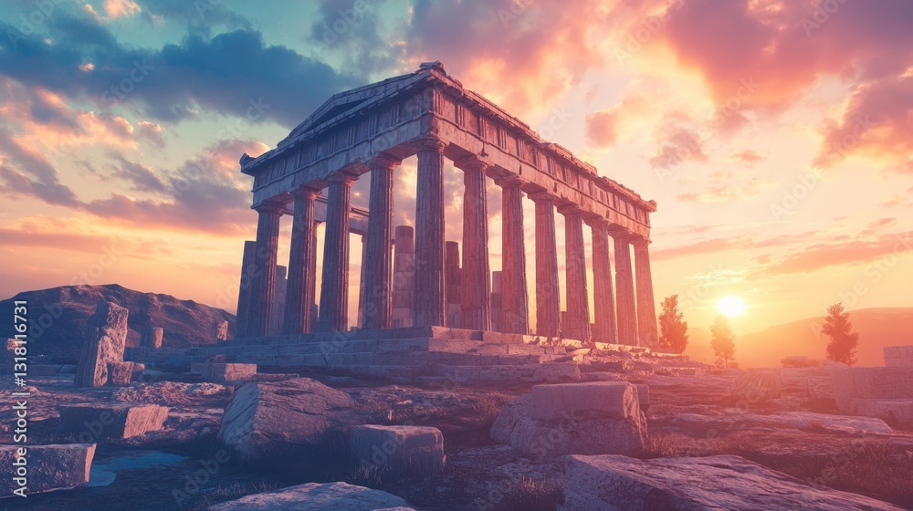 Fototapeta premium Ancient temple ruins stand majestically under an orange sunset sky
