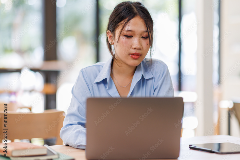 Young asian female entrepreneur working on a laptop at business meeting in a corporate workplace.
Young asian female entrepreneur working on a laptop at business meeting in a corporate workplace.