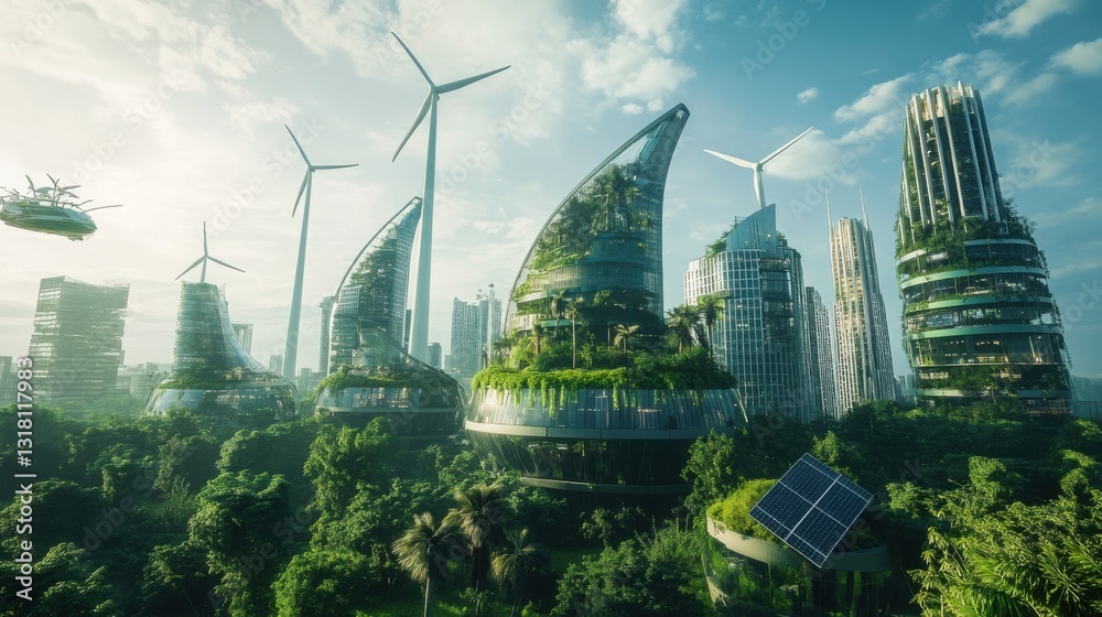 Obraz premium Futuristic Eco-City with Green Architecture and Renewable Energy Sources
