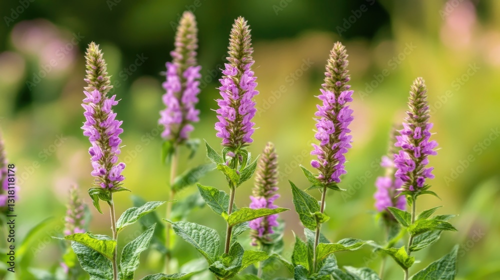 Beautiful purple flowers with green leaves in a garden setting Beautiful purple flowers with green leaves in a garden setting