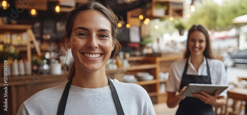 Smiling Waitress Welcoming Customers at Busy Cafe, Co-worker using Tablet