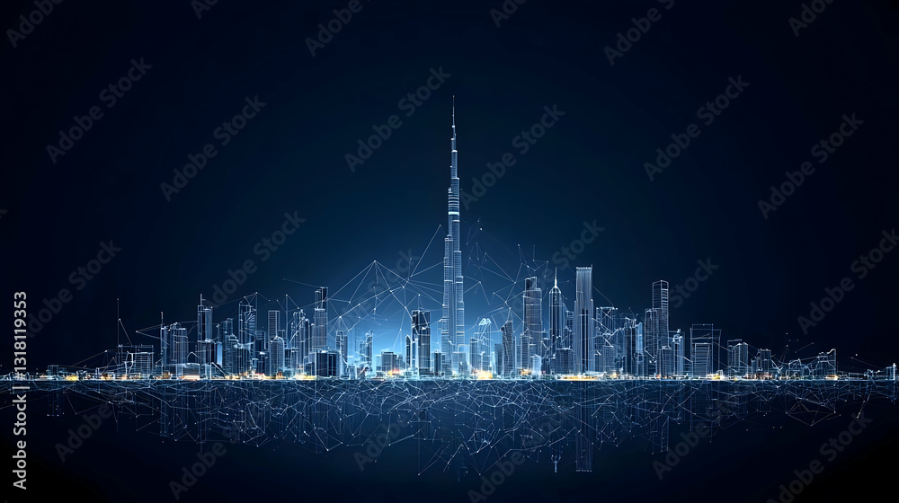 Fototapeta premium Panoramic Futuristic Blue Cityscape With Illuminated Skyscrapers And Network Connections Reflected In Water At Night