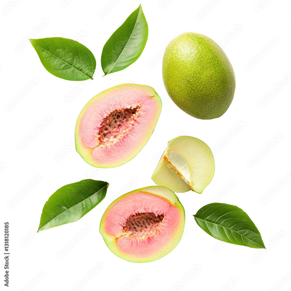 Fresh guava sliced open with vibrant pink flesh, surrounded by green leaves on a bright transparent background, fresh guava on transparent background Fresh guava sliced open with vibrant pink flesh, surrounded by green leaves on a bright transparent background, fresh guava on transparent background