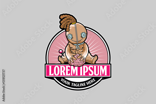 voodoo doll with brain cartoon character vector image badge logo design template