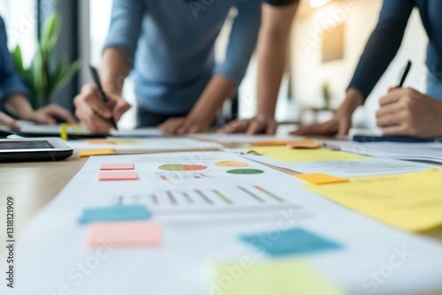 Brainstorming team of asian startup coworkers doing work on desk at home office