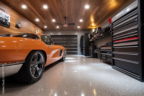 An elegant garage showcases a vintage orange sports car inside