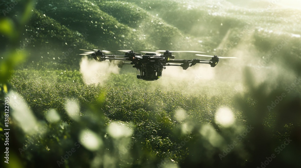 Fototapeta premium Drone Spraying Pesticide Over Lush Green Field in Bright Light