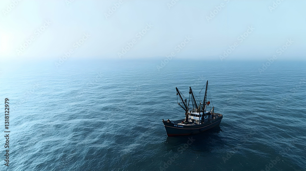 Obraz premium Small Fishing Boat Alone On A Calm Blue Ocean Under A Misty Sky On A Serene Morning With Gentle Waves