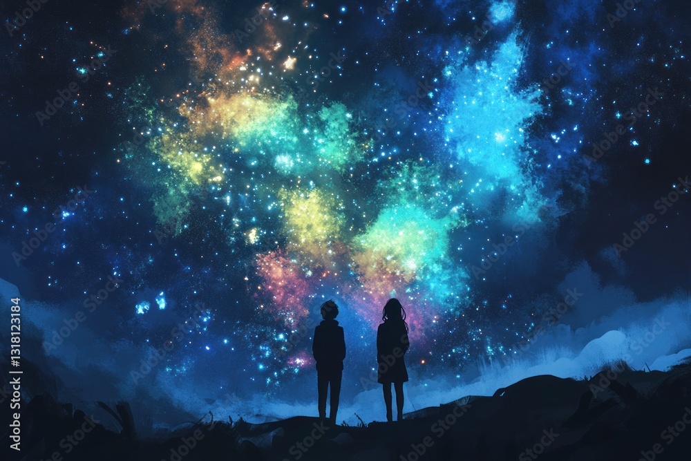 Fototapeta premium Couple silhouetted against a vibrant, colorful night sky filled with nebulae and stars.