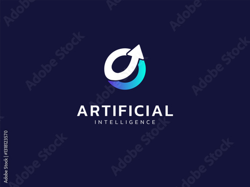 Artificial intelligence with curved grow arrow in circle technology Analysis logo vector design concept. AI technology logotype symbol for advance technology, tech company, ui, network, web, robotic.