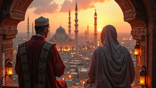 Couple looking at the view of the mosque in the afternoon