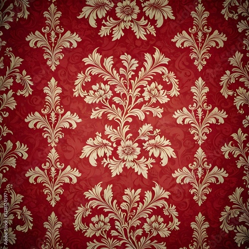 a red and gold wallpaper with a floral pattern
