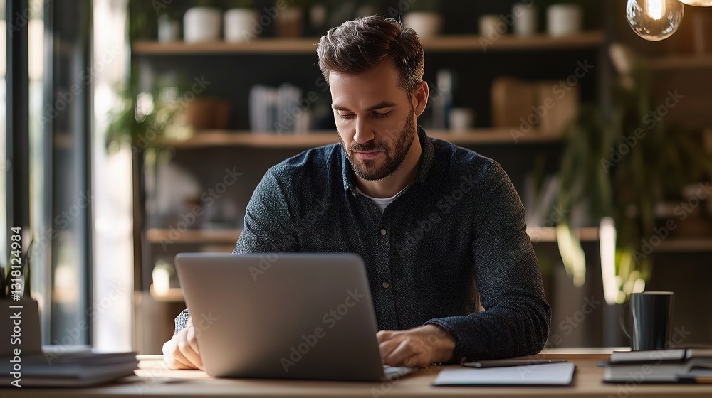 Young Professional Man Working at Desk in Modern Office Environment Young Professional Man Working at Desk in Modern Office Environment