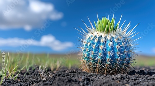 Blue cactus with white thorns in volcanic landscape under bright blue sky