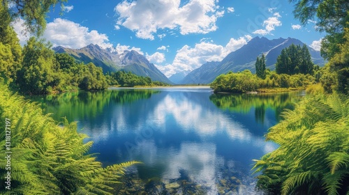 Serene mountain lake reflection, summer