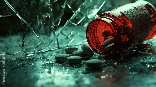 Broken Pill Bottle with Spilled Tablets and Sharp Glass Pieces