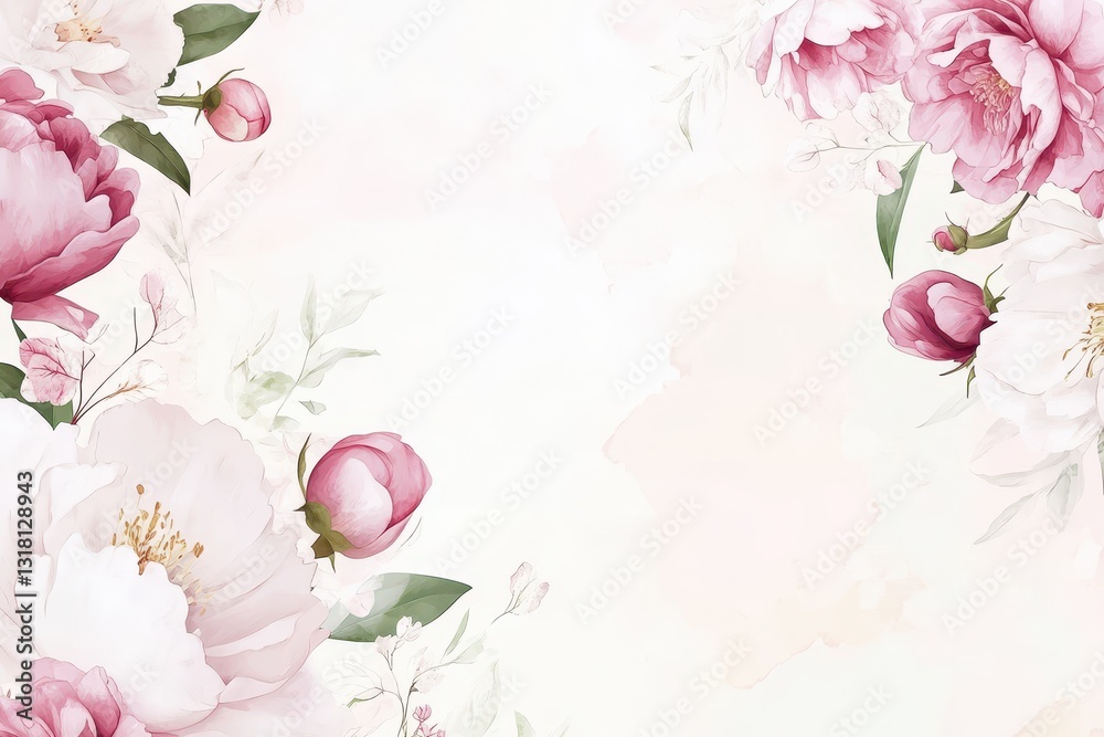 Fototapeta premium Elegant Watercolor Peony Flower Frame Background for Wedding Invitations and Greeting Cards