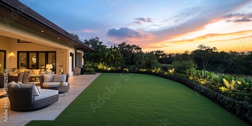 Home exterior patio at sunset, showing grass, luxury outdoor living, relaxation