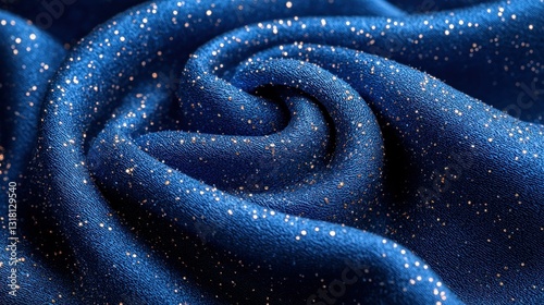 Blue fabric swirl with shimmering gold specks, textural folds create depths