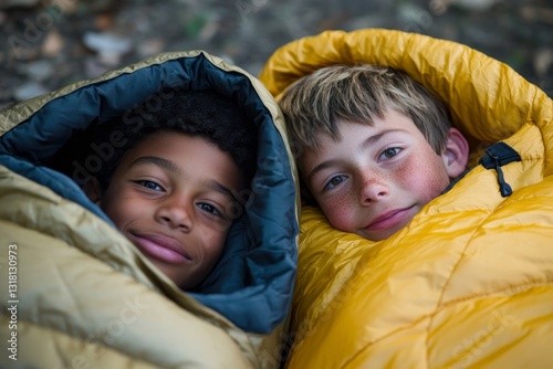 boys in sleeping bag outdoors
