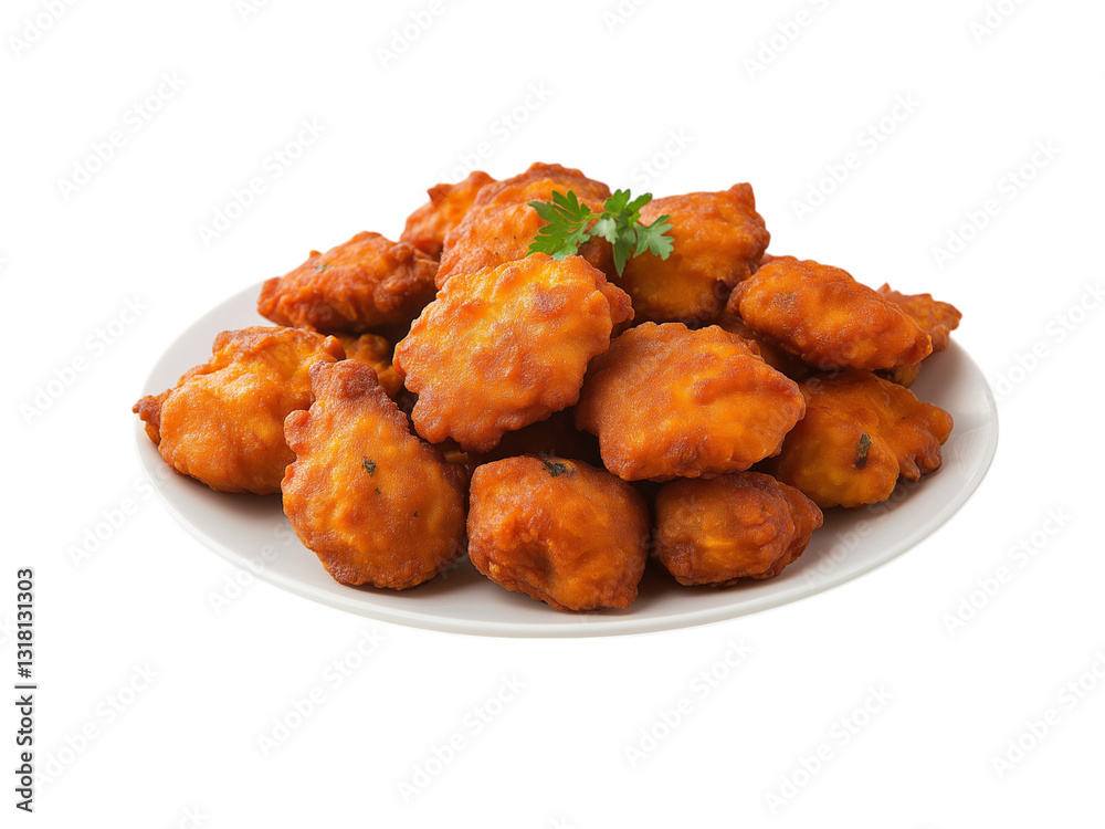 Pakora on white plate serving isolated on a white background Pakora on white plate serving isolated on a white background