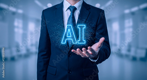 Businessman Holding Virtual AI in Futuristic Office – Future Technology Trend