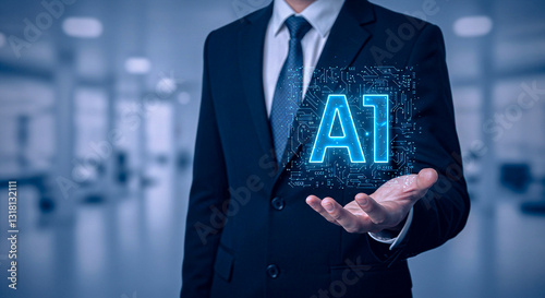 Businessman Holding Virtual AI in Futuristic Office – Future Technology Trend