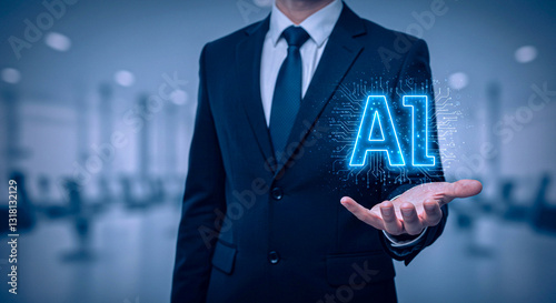 Businessman Holding Virtual AI in Futuristic Office – Future Technology Trend