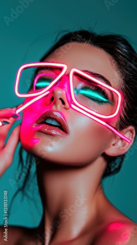Close-up portrait of an individual with neon pink glasses and green eyeshadow