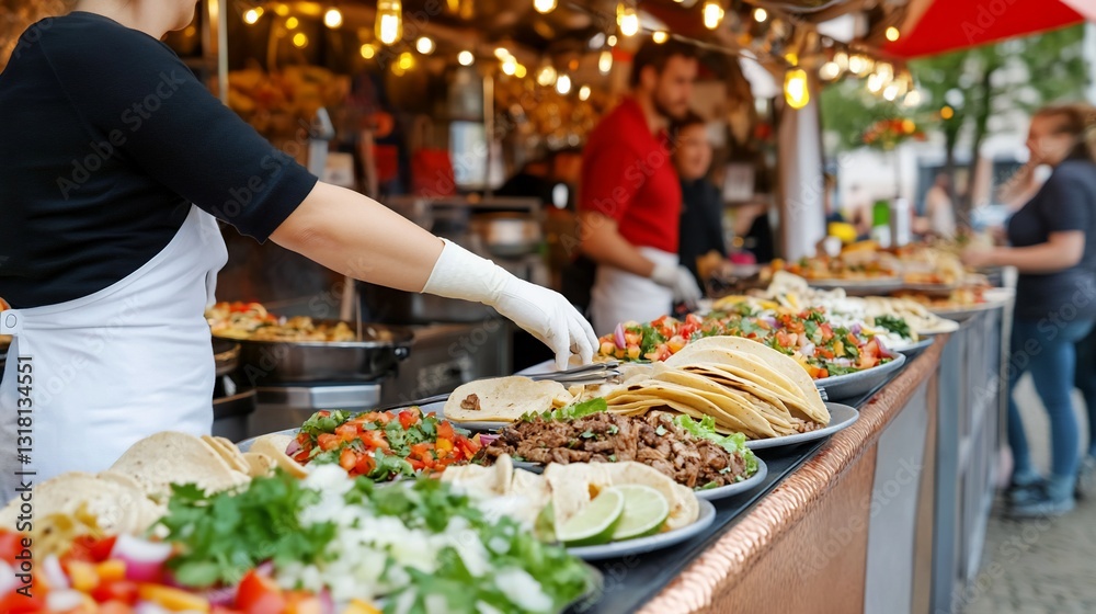 Obraz premium Street food vendor serving tacos at market