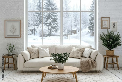 Cozy living room with snow scene view.  1 