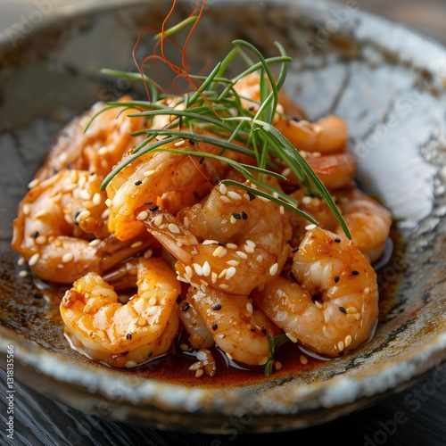 Marinated Shrimp in a Korean Ceramic Bowl with Sauce Seeping In