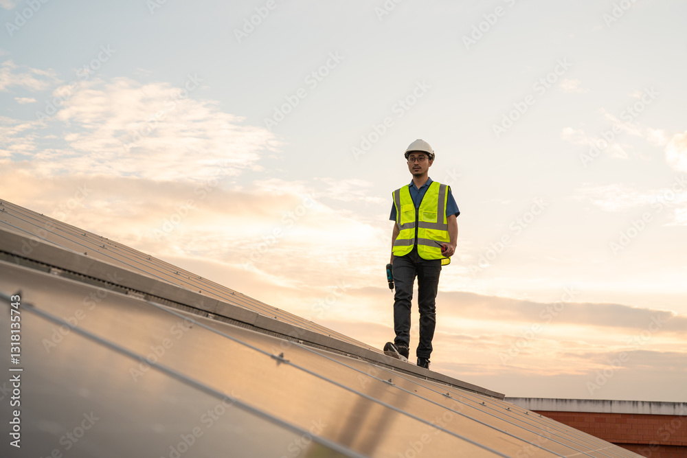 Engineer service check installation solar cell on the roof of factory. Silhouette technician inspection and repair solar cell on the roof of factory. Technology solar energy renewable. Engineer service check installation solar cell on the roof of factory. Silhouette technician inspection and repair solar cell on the roof of factory. Technology solar energy renewable.